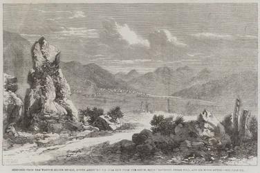 Croquis de la région argentifère de Washoe, Amérique du Nord, Virginia City depuis le sud, Mount Davidson, Cedar Hill, et Six Miles Gutch